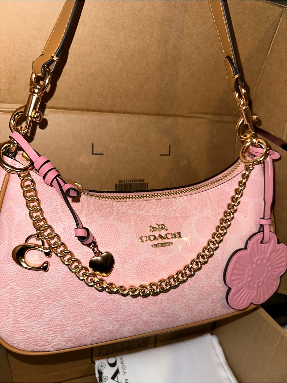 Coach Pink Signature Chain-Trim Shoulder Bag with Floral Charm